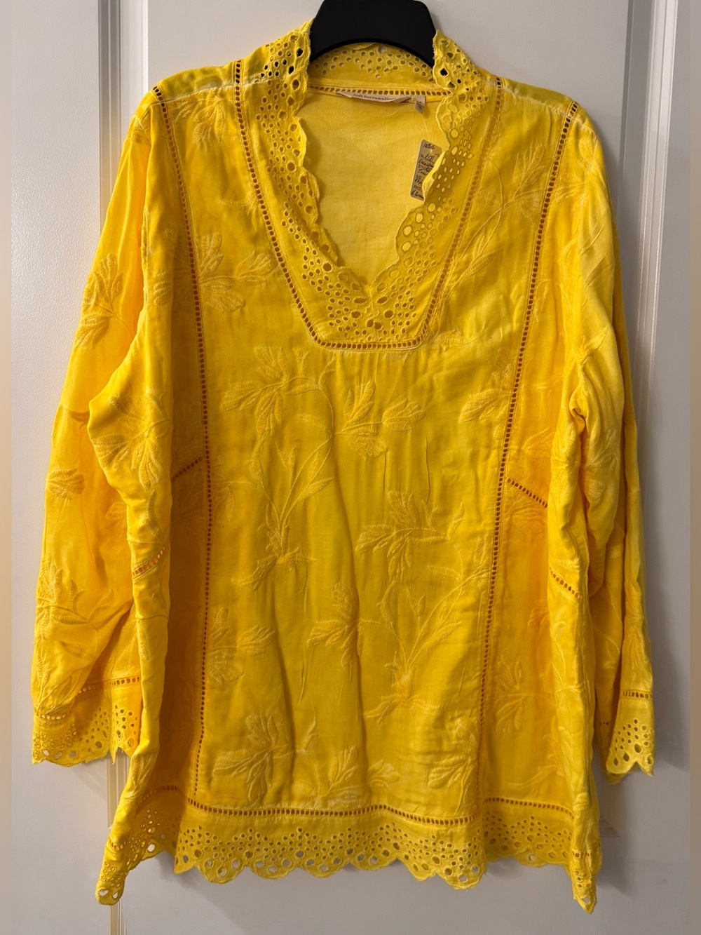 #z181 Soft Surroundings Sunny Yellow Elodie Windowpane Embroidered Tunic Blouse